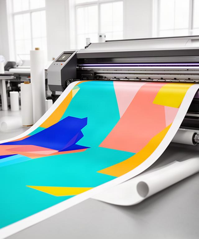 Wide-format printer producing a vivid outdoor banner in a bright production room