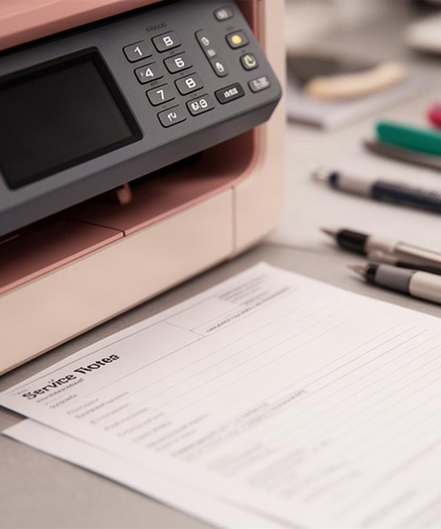 Close view of a printer control panel and service notes on a worktable
