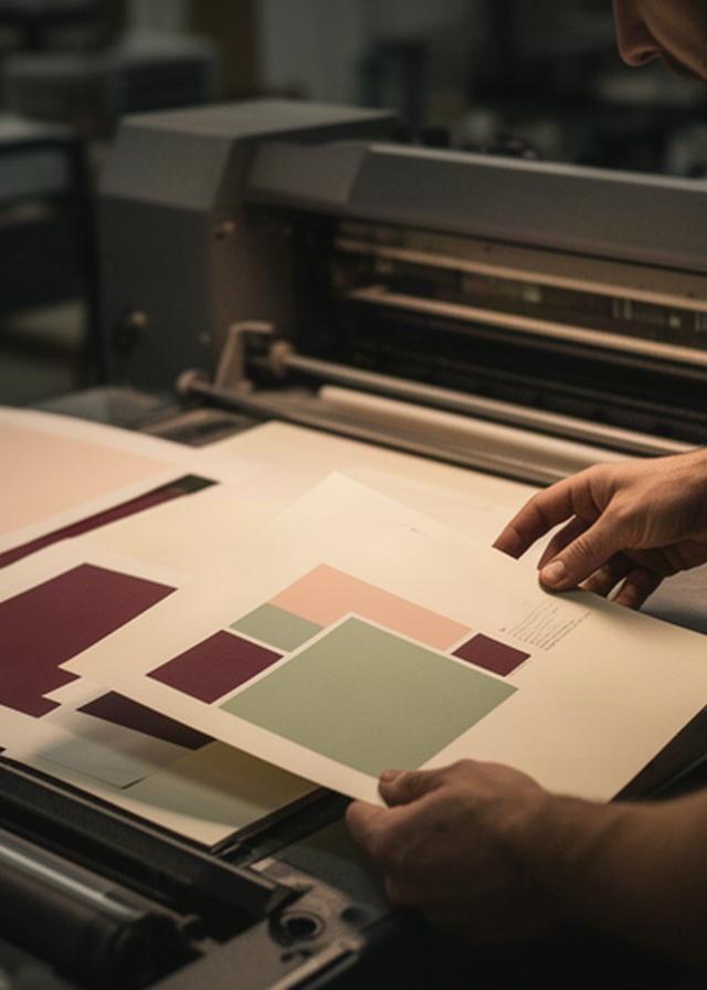 Close view of a print specialist checking registration and finish on freshly produced paper sheets inside a shop
