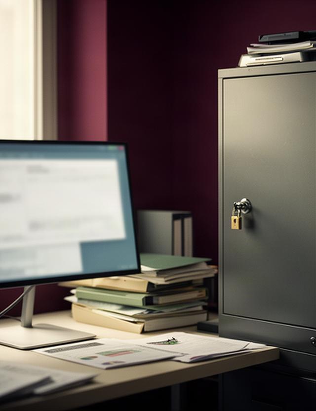 Secure office workstation displaying printer maintenance records with locked filing storage nearby