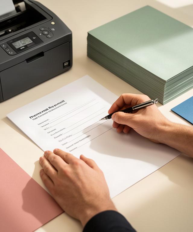 Hands writing a personal information request beside a printer and neatly stacked office paper
